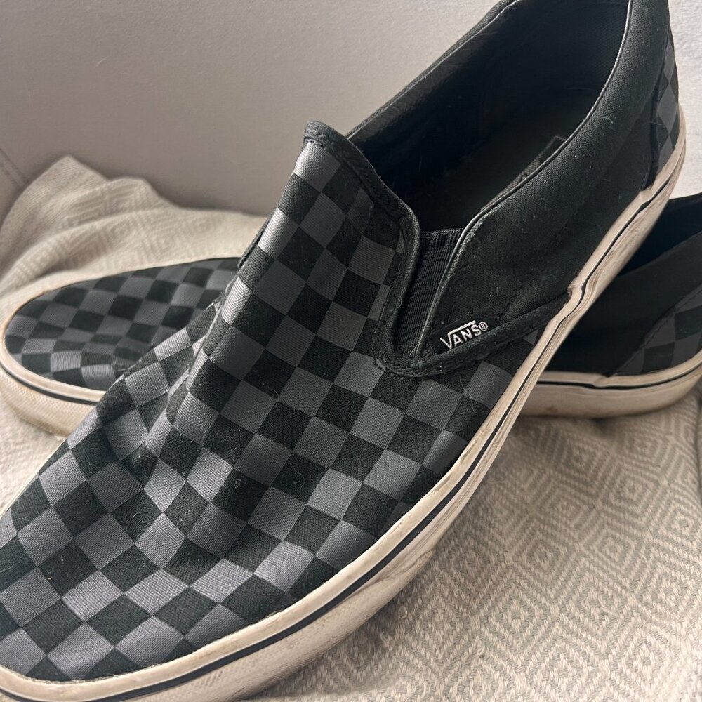 Vans Men's Black and Gray Checkered Slip-On Sneakers